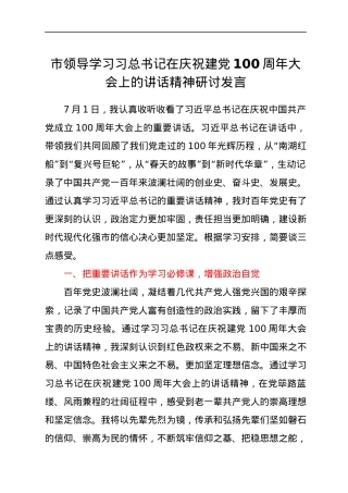 市领导学习总书记在庆祝建党100周年大会上的讲话精神研讨发言.docx