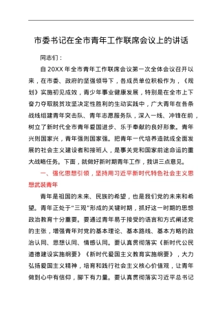 市委书记在全市青年工作联席会议上的讲话.docx
