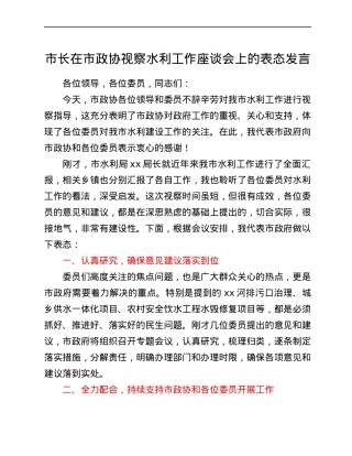 市长在市政协视察水利工作座谈会上的表态发言.docx
