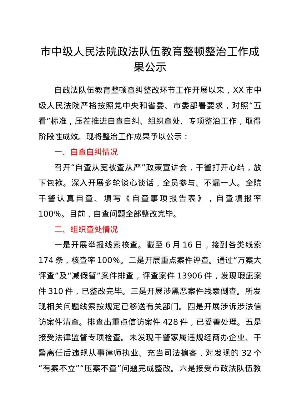 市中级人民法院政法队伍教育整顿整治工作成果公示.docx_第1页
