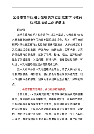 县委督导组组长在机关党支部党史学习教育组织生活会上点评讲话.doc