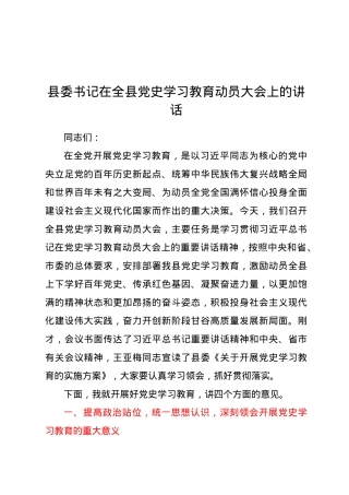 县委书记在全县党史学习教育动员大会上的讲话.doc