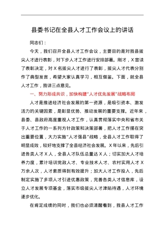 县委书记在全县人才工作会议上的讲话.docx