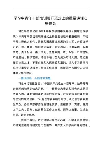 学习中青年干部培训班开班式上的重要讲话心得体会.docx