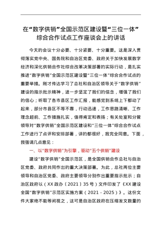 在“数字供销”全国示范区建设暨“三位一体”综合合作试点工作座谈会上的讲话.docx