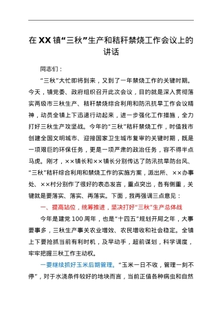 在XX镇“三秋”生产和秸秆禁烧工作会议上的讲话.docx