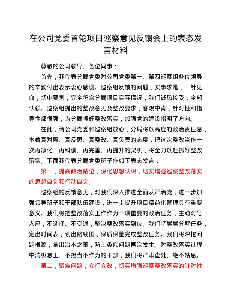 在公司党委首轮项目巡察意见反馈会上的表态发言材料.Doc_第1页