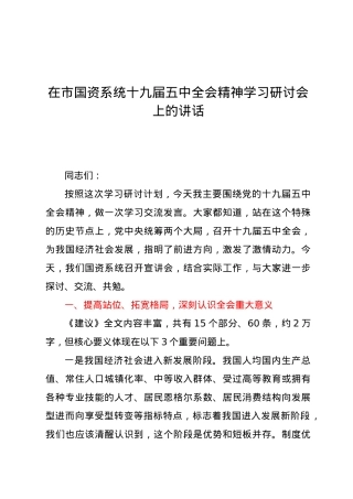 在市国资系统十九届五中全会精神学习研讨会上的讲话.doc