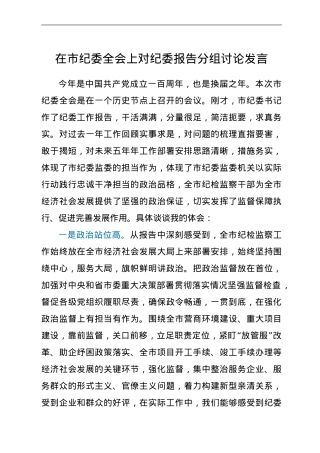 在市纪委全会上对纪委报告分组讨论发言.doc