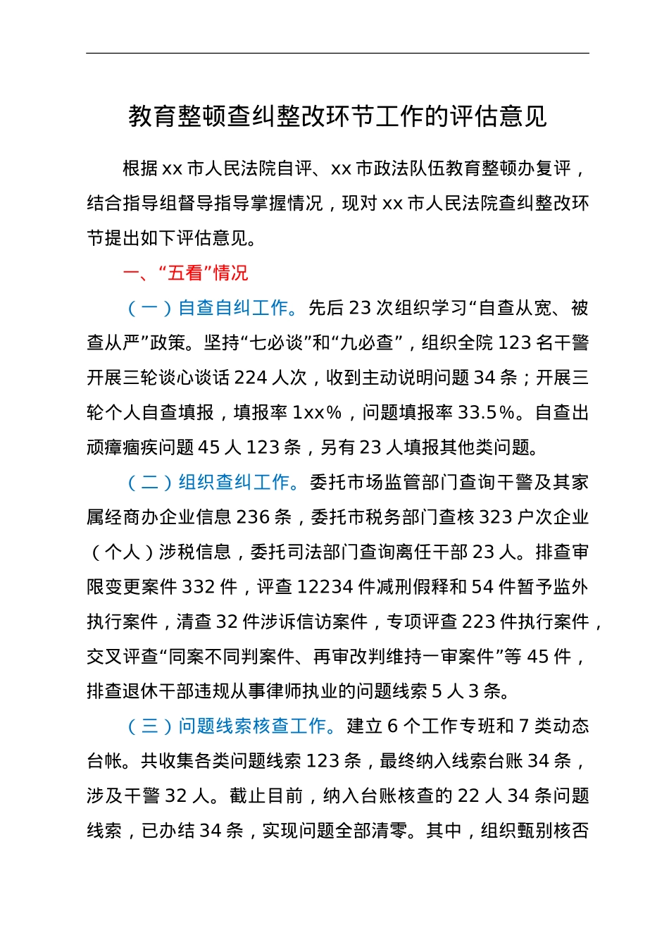 政法队伍教育整顿查纠整改环节工作的评估意见.doc_第1页