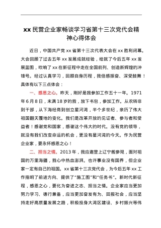 xx民营企业家畅谈学习省第十三次党代会精神心得体会.docx