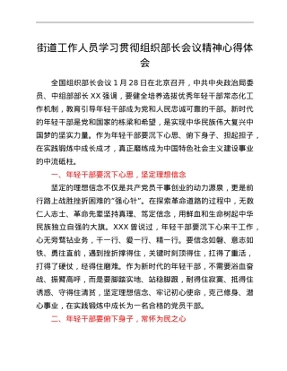 街道工作人员学习贯彻组织部长会议精神心得体会.doc