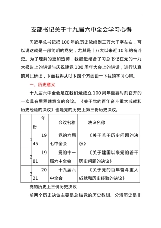 支部书记关于十九届六中全会学习心得.docx