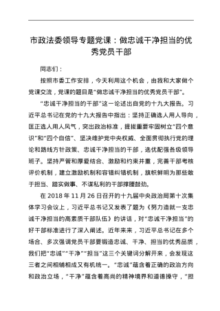 市政法委领导专题党课：做忠诚干净担当的优秀党员干部.docx
