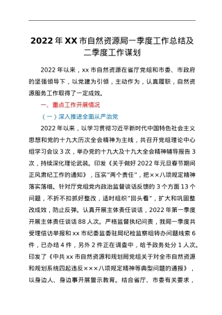 2022年XX市自然资源局一季度工作总结及二季度工作谋划.docx
