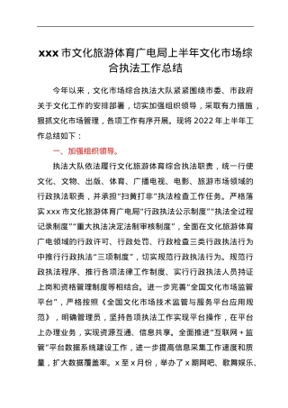 xxx市文化旅游体育广电局上半年文化市场综合执法工作总结.docx