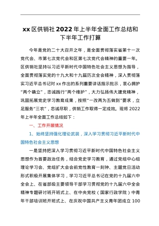 xx区供销社2022年上半年全面工作总结和下半年工作打算.docx