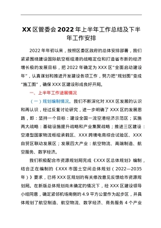 XX区管委会2022年上半年工作总结及下半年工作安排.docx