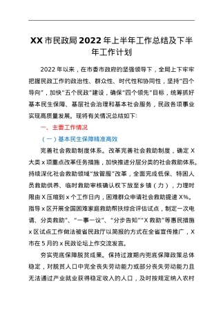 XX市民政局2022年上半年工作总结及下半年工作计划.docx