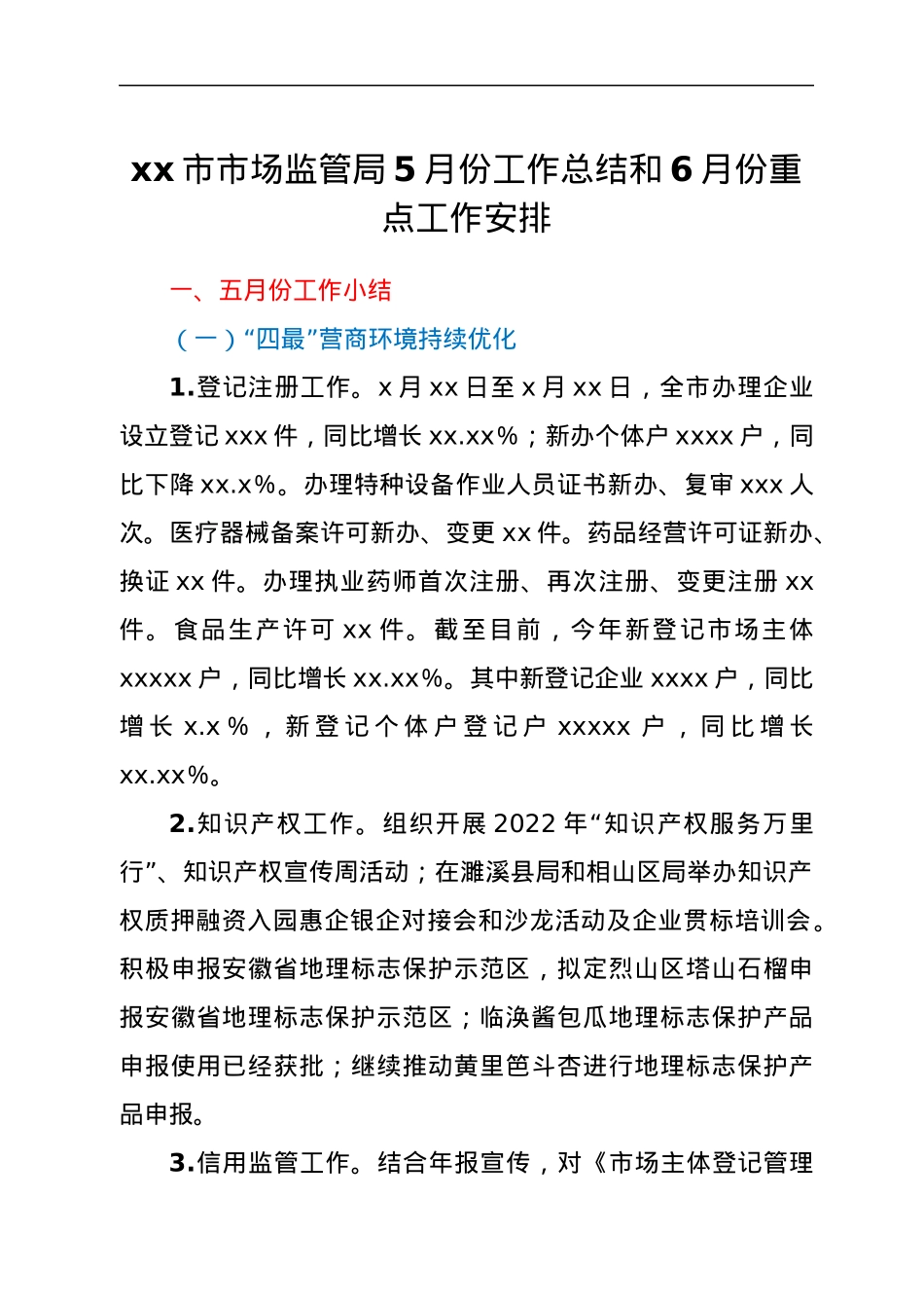 xx市市场监管局5月份工作总结和6月份重点工作安排.docx_第1页