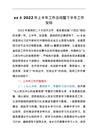 xx乡2022年上半年工作总结暨下半年工作安排.docx