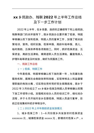 xx乡民政办、残联2022年上半年工作总结及下一步工作计划.docx