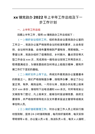 xx镇党政办2022年上半年工作总结及下一步工作计划.docx