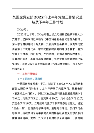 某国企党支部2022年上半年党建工作情况总结及下半年工作计划.docx