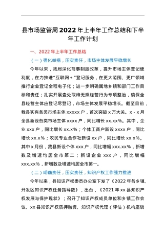 某县市场监管局2022年上半年工作总结和下半年工作计划.docx