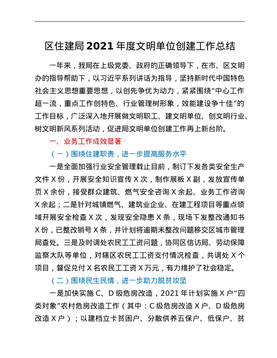 区住建局2021年度文明单位创建工作总结.Doc_第1页