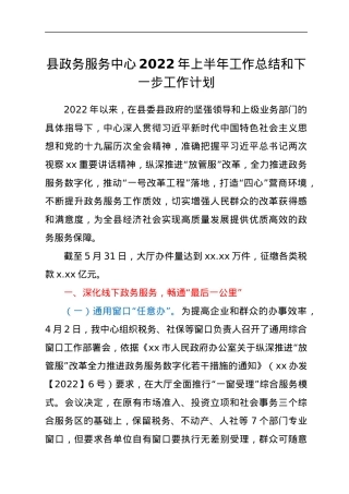 县政务服务中心2022年上半年工作总结和下一步工作计划.docx