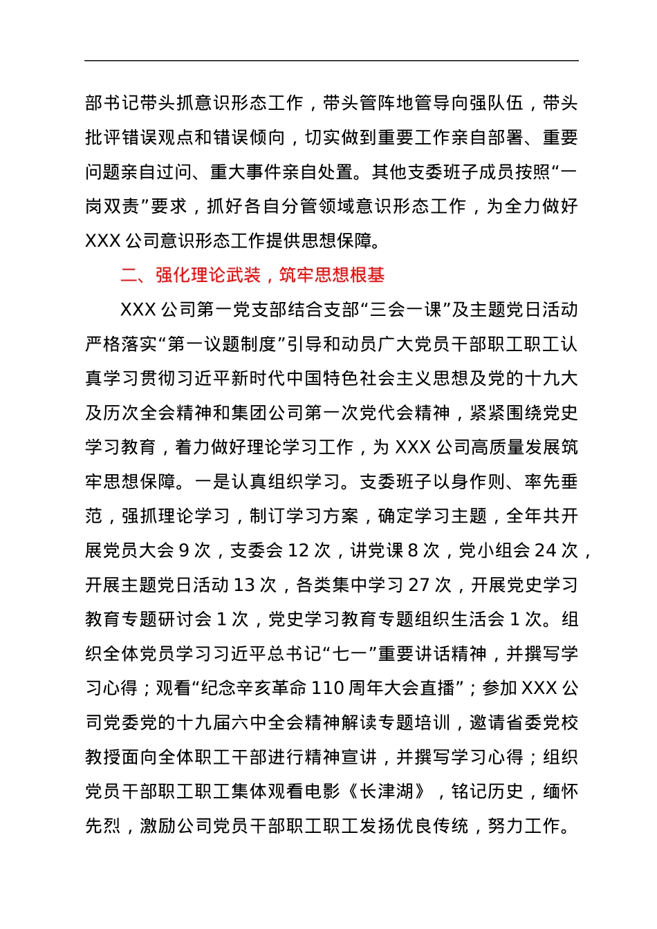 中共XX管理有限公司第一支部委员会2021年意识形态工作总结.docx_第2页