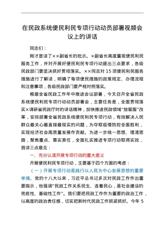 在民政系统便民利民专项行动动员部署视频会议上的讲话.doc