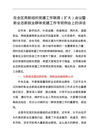 在全区两新组织党建工作联席（扩大）会议暨新业态新就业群体党建工作专班例会上的讲话.docx