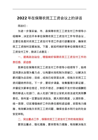 xx县水务局党组成员在在保障农民工工资会议上的讲话.docx