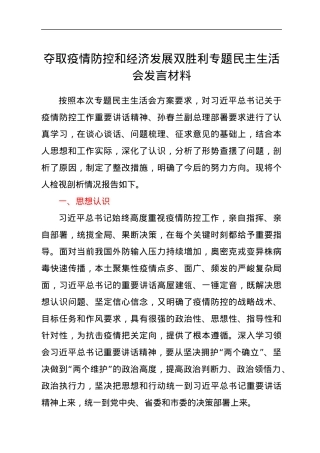 夺取疫情防控和经济发展双胜利专题民主生活会发言材料.docx