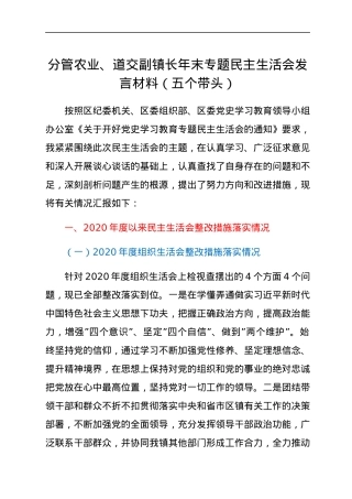 分管农业、道交副镇长年末专题民主生活会发言材料（五个带头）.docx