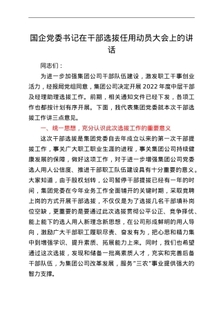 国企党委书记在干部选拔任用动员大会上的讲话.doc