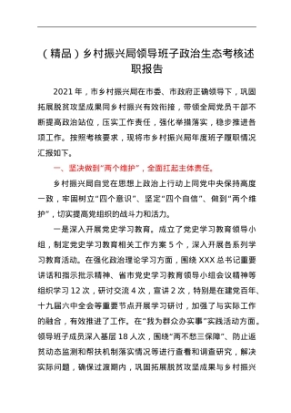 （精品）乡村振兴局领导班子政治生态考核述职报告.docx