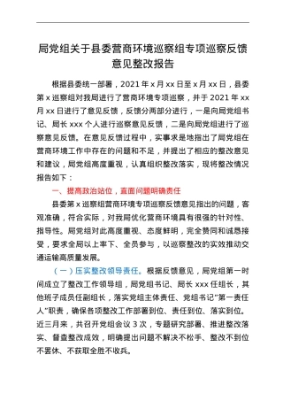 局党组关于县委营商环境巡察组专项巡察反馈意见整改报告.doc