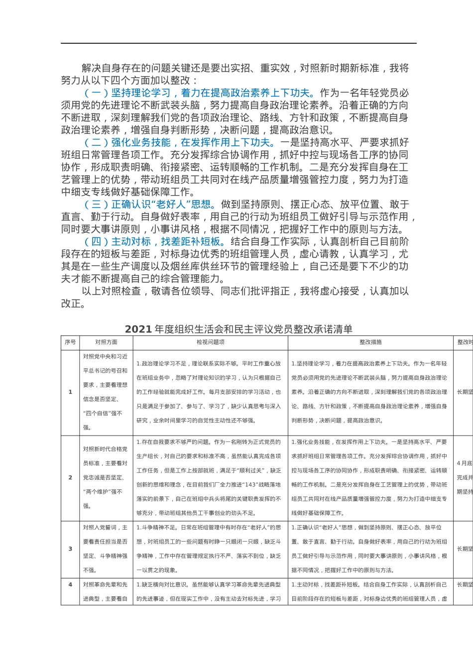 2021年度组织生活会个人检查对照材料及整改承诺清单（四个对照）.docx_第2页
