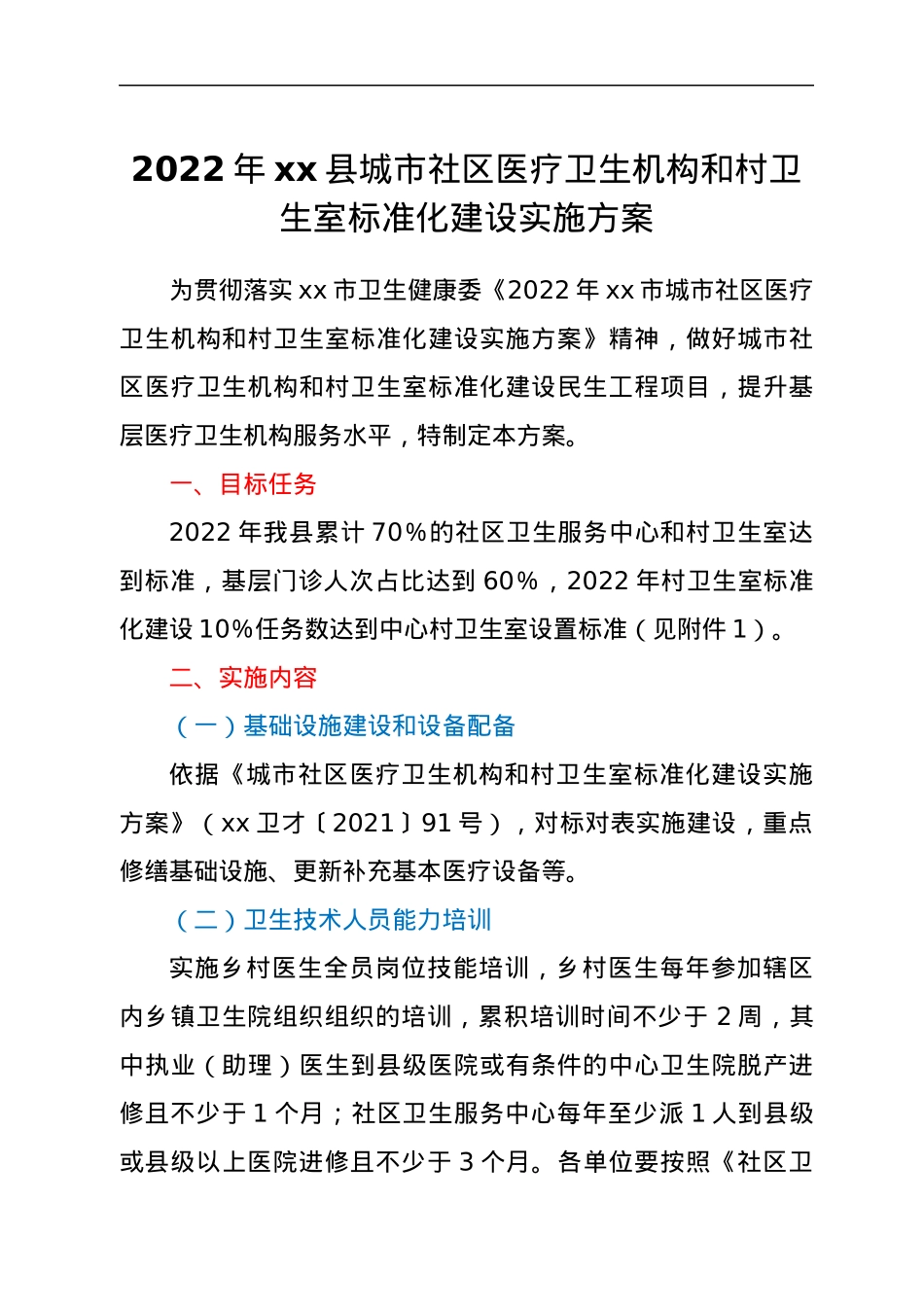 2022年xx县城市社区医疗卫生机构和村卫生室标准化建设实施方案.docx_第1页