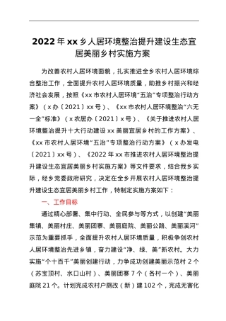 2022年xx乡人居环境整治提升建设生态宜居美丽乡村实施方案.docx