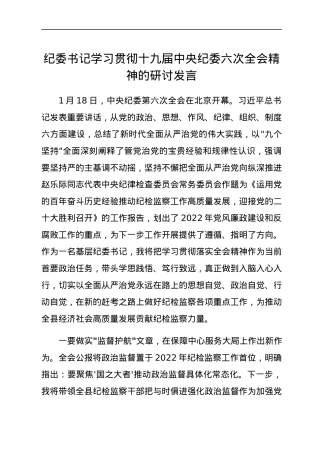 纪委书记学习贯彻十九届中央纪委六次全会精神的研讨发言.docx