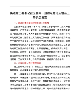 街道党工委书记在区委第一巡察组意见反馈会上的表态发言.Doc