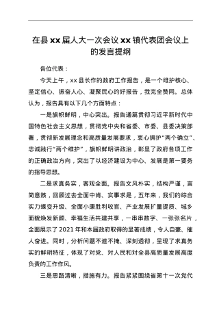 在县xx届人大一次会议xx镇代表团会议上的发言提纲.docx