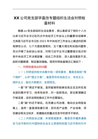 XX公司党支部学查改专题组织生活会对照检查材料.docx