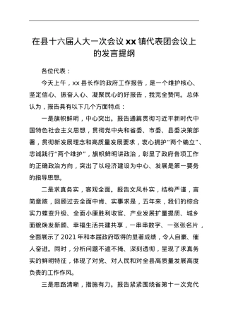 在县十六届人大一次会议xx镇代表团会议上的发言提纲.docx