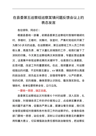 在县委第五巡察组巡察xx镇问题反馈会议上的表态发言.docx