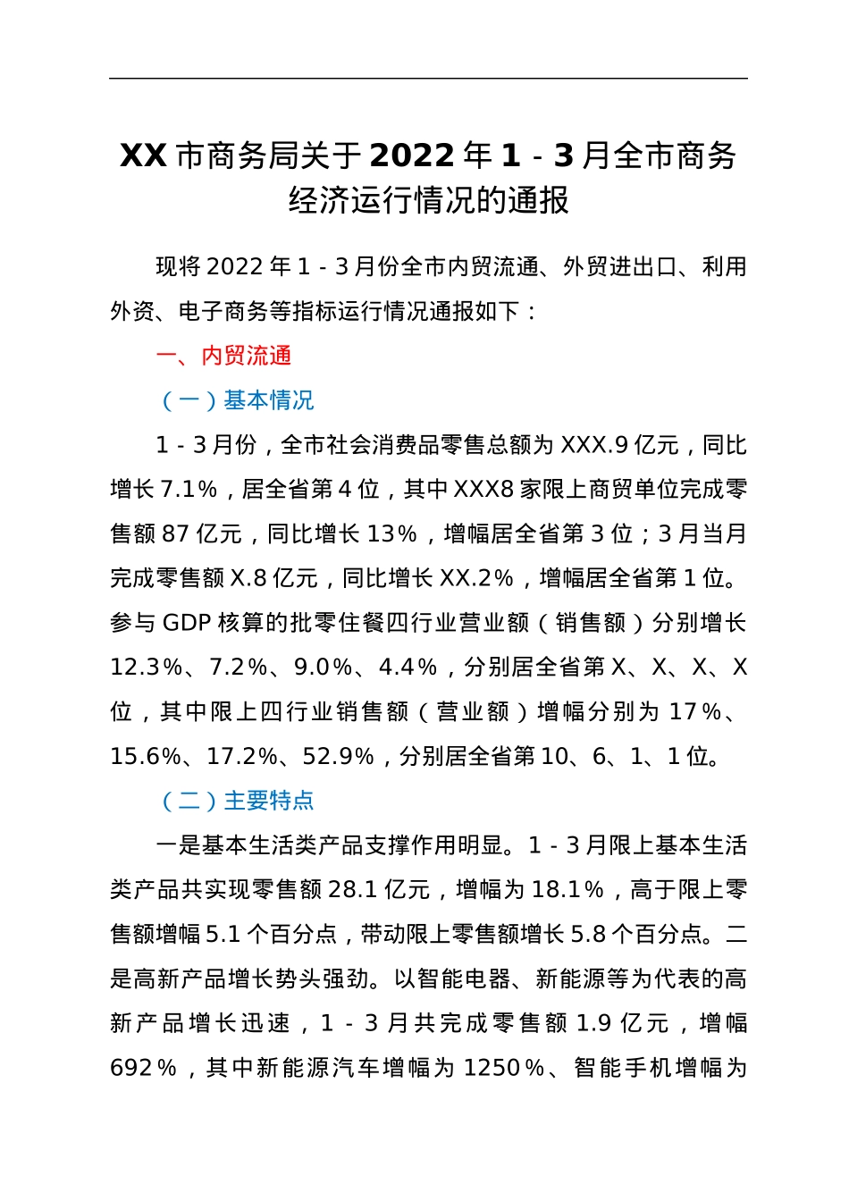 XX市商务局关于2022年1－3月全市商务经济运行情况的通报.docx_第1页